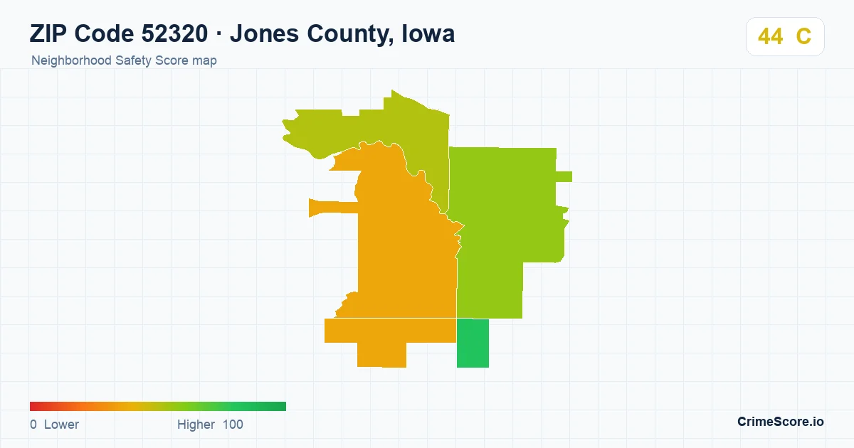 ZIP Code 52320 in Jones County, Iowa neighborhood Safety Score map