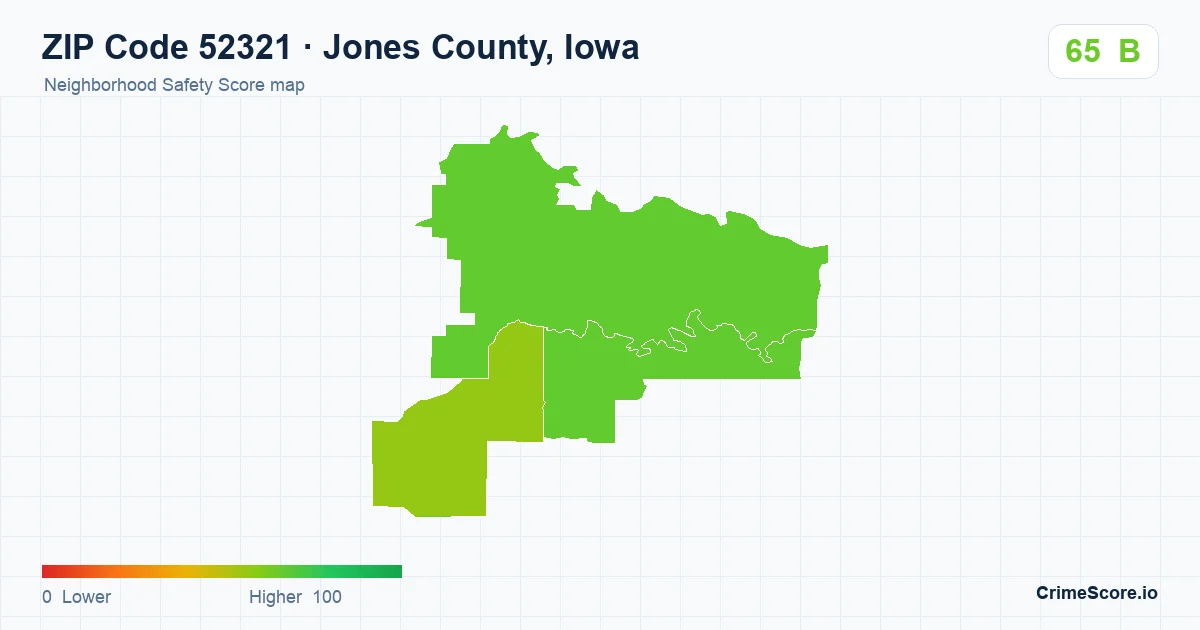 ZIP Code 52321 in Jones County, Iowa neighborhood Safety Score map