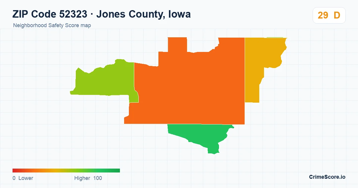 ZIP Code 52323 in Jones County, Iowa neighborhood Safety Score map