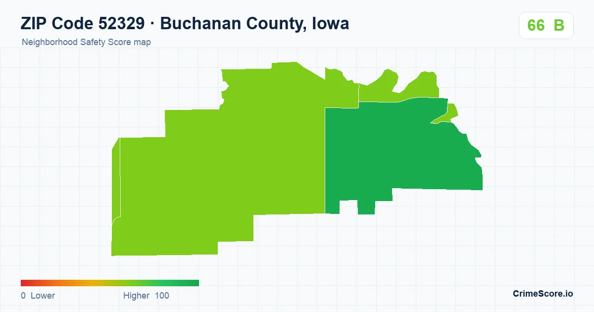 ZIP Code 52329 in Buchanan County, Iowa neighborhood Safety Score map