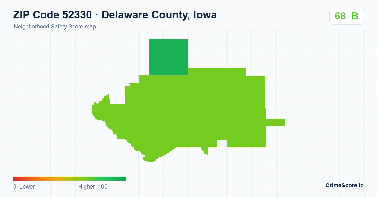 ZIP Code 52330 in Delaware County, Iowa neighborhood Safety Score map