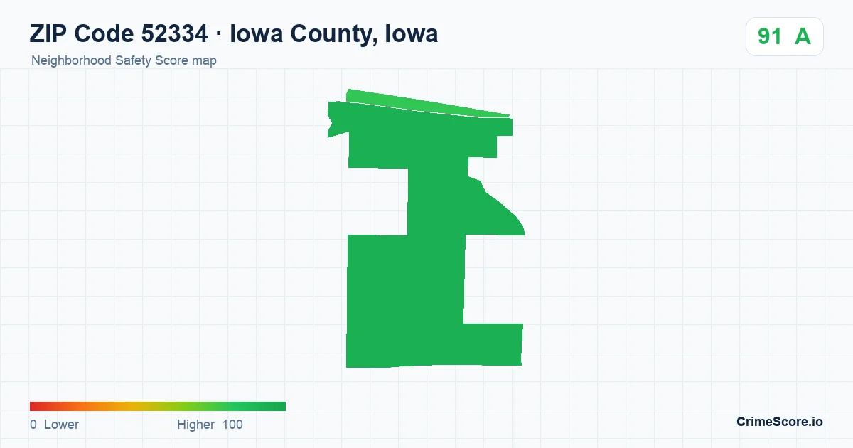 ZIP Code 52334 in Iowa County, Iowa neighborhood Safety Score map