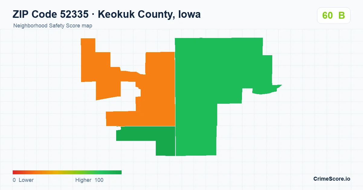 ZIP Code 52335 in Keokuk County, Iowa neighborhood Safety Score map