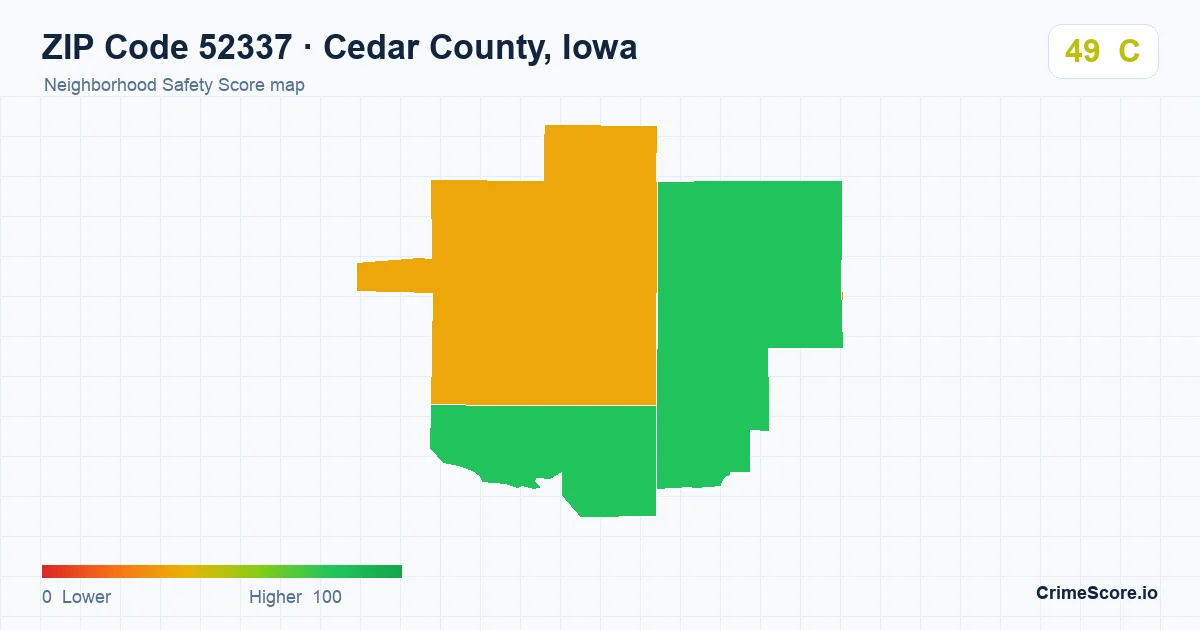 ZIP Code 52337 in Cedar County, Iowa neighborhood Safety Score map