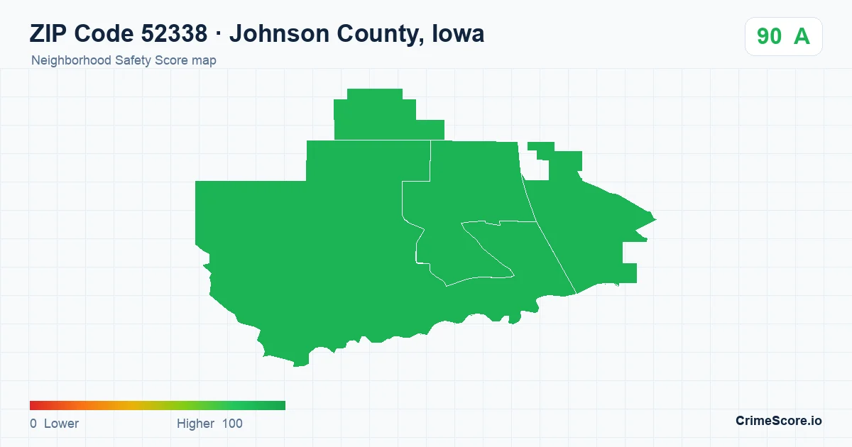 ZIP Code 52338 in Johnson County, Iowa neighborhood Safety Score map