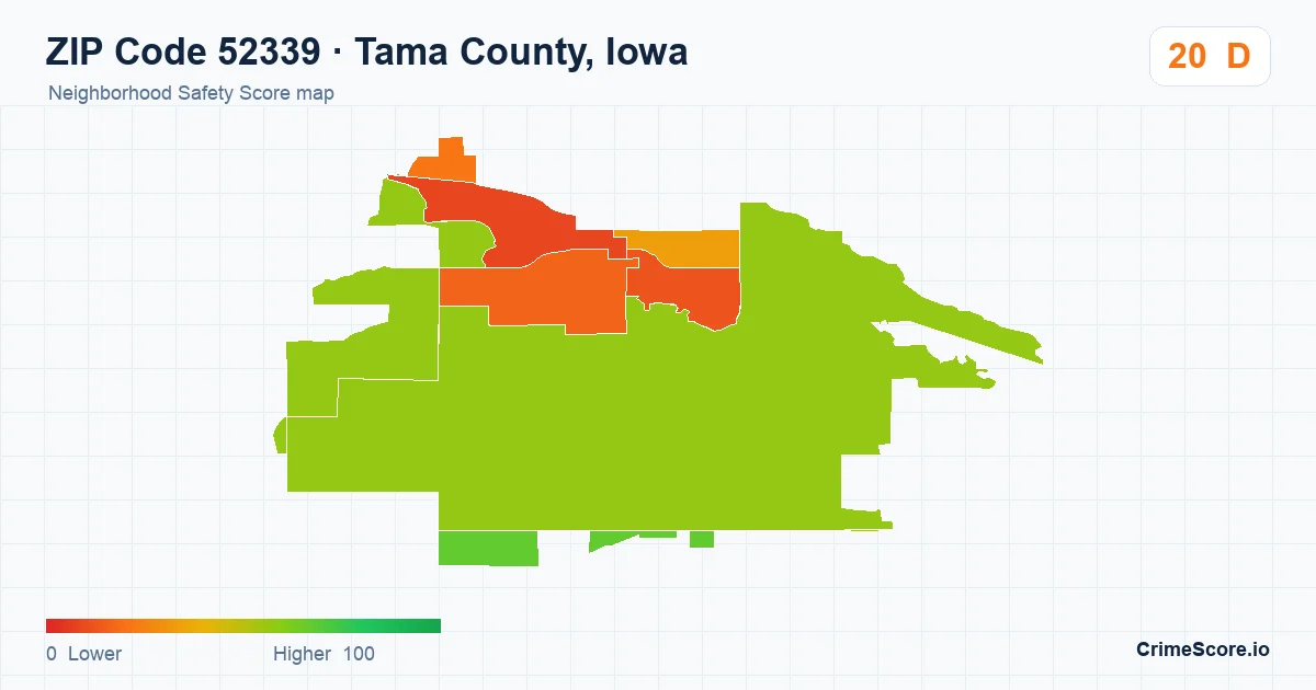 ZIP Code 52339 in Tama County, Iowa neighborhood Safety Score map