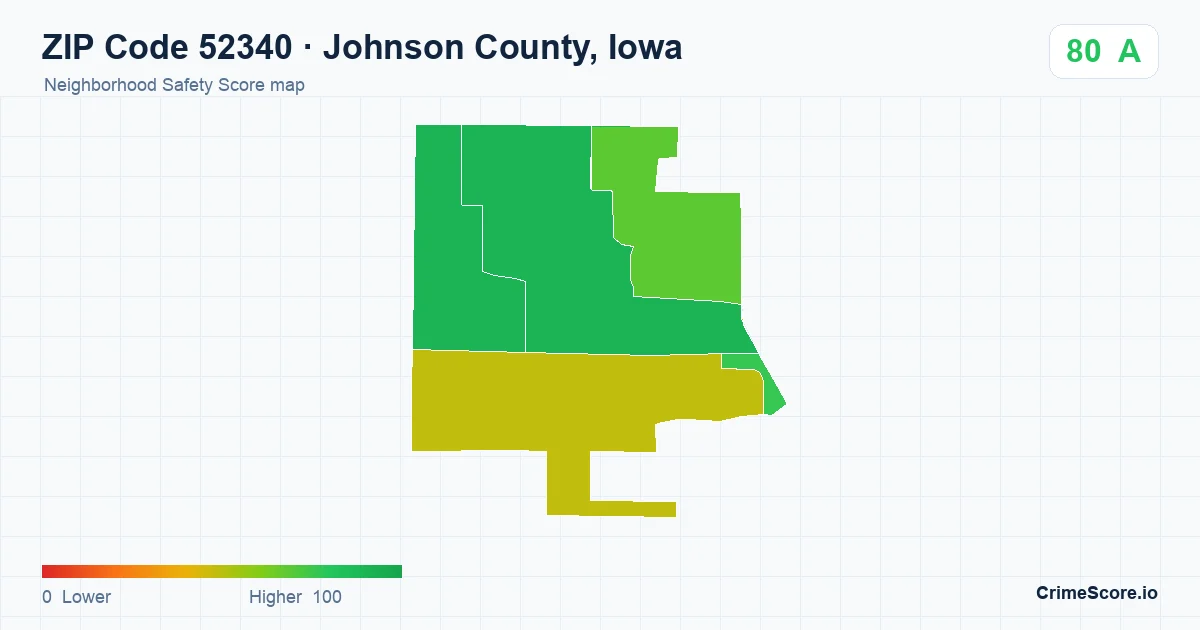 ZIP Code 52340 in Johnson County, Iowa neighborhood Safety Score map