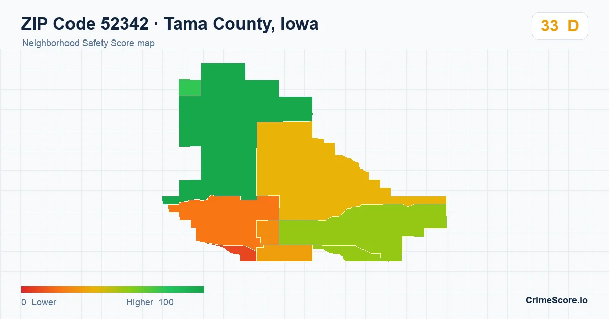ZIP Code 52342 in Tama County, Iowa neighborhood Safety Score map