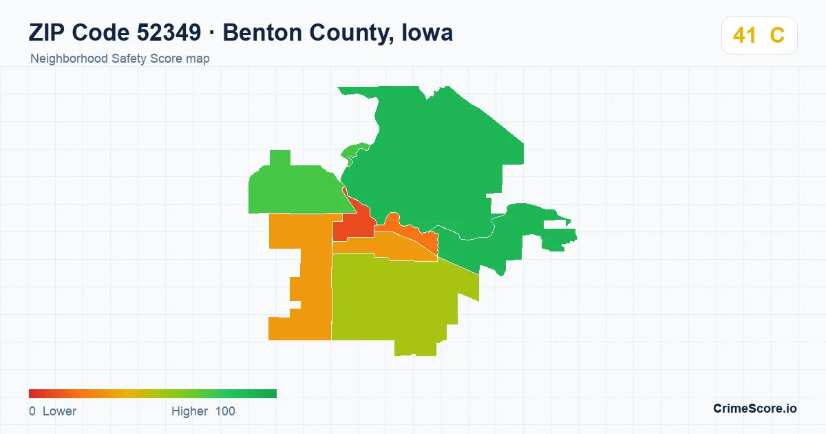 ZIP Code 52349 in Benton County, Iowa neighborhood Safety Score map