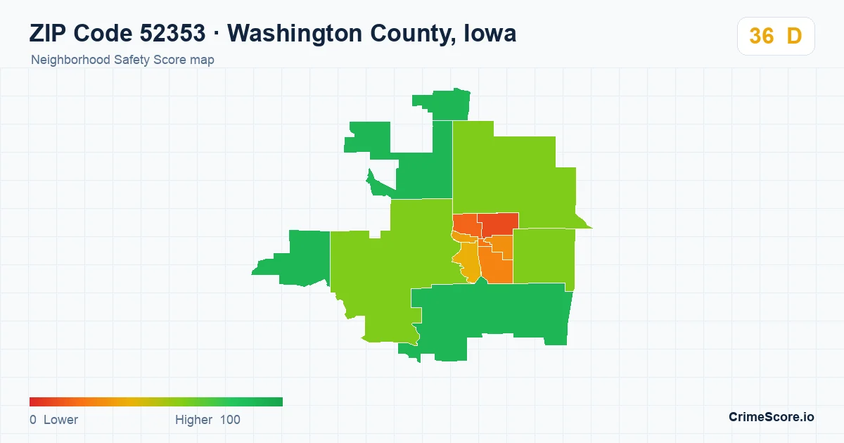 ZIP Code 52353 in Washington County, Iowa neighborhood Safety Score map