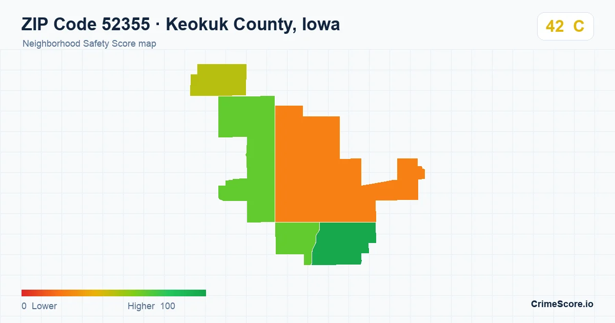 ZIP Code 52355 in Keokuk County, Iowa neighborhood Safety Score map