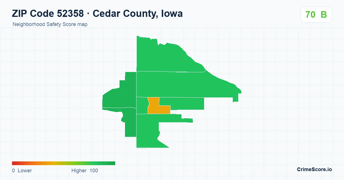 ZIP Code 52358 in Cedar County, Iowa neighborhood Safety Score map