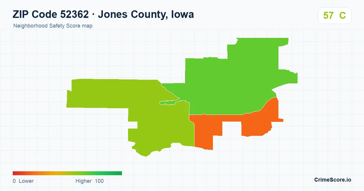 ZIP Code 52362 in Jones County, Iowa neighborhood Safety Score map