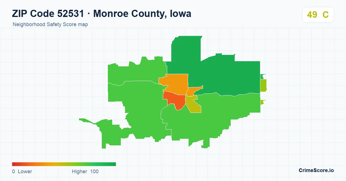 ZIP Code 52531 in Monroe County, Iowa neighborhood Safety Score map