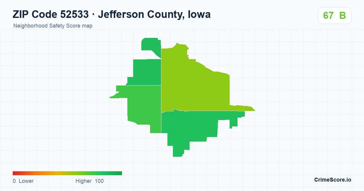 ZIP Code 52533 in Jefferson County, Iowa neighborhood Safety Score map