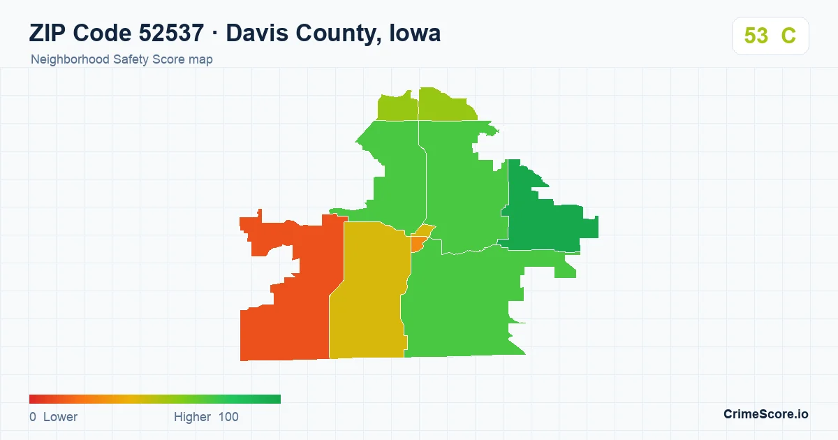 ZIP Code 52537 in Davis County, Iowa neighborhood Safety Score map