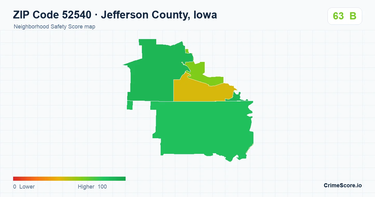 ZIP Code 52540 in Jefferson County, Iowa neighborhood Safety Score map