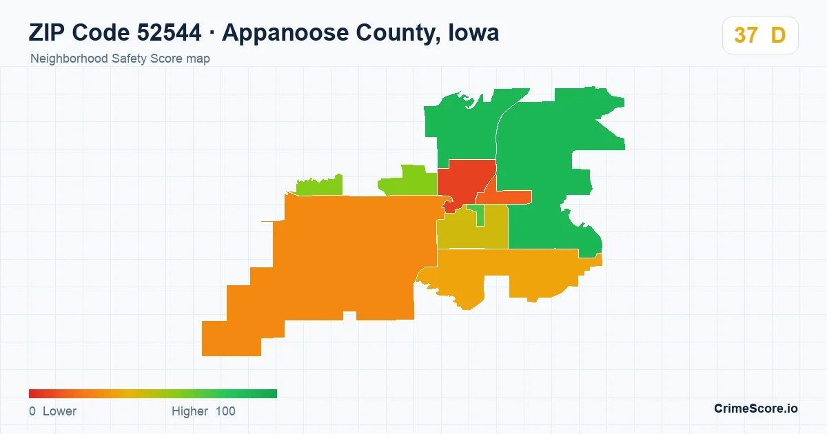 ZIP Code 52544 in Appanoose County, Iowa neighborhood Safety Score map