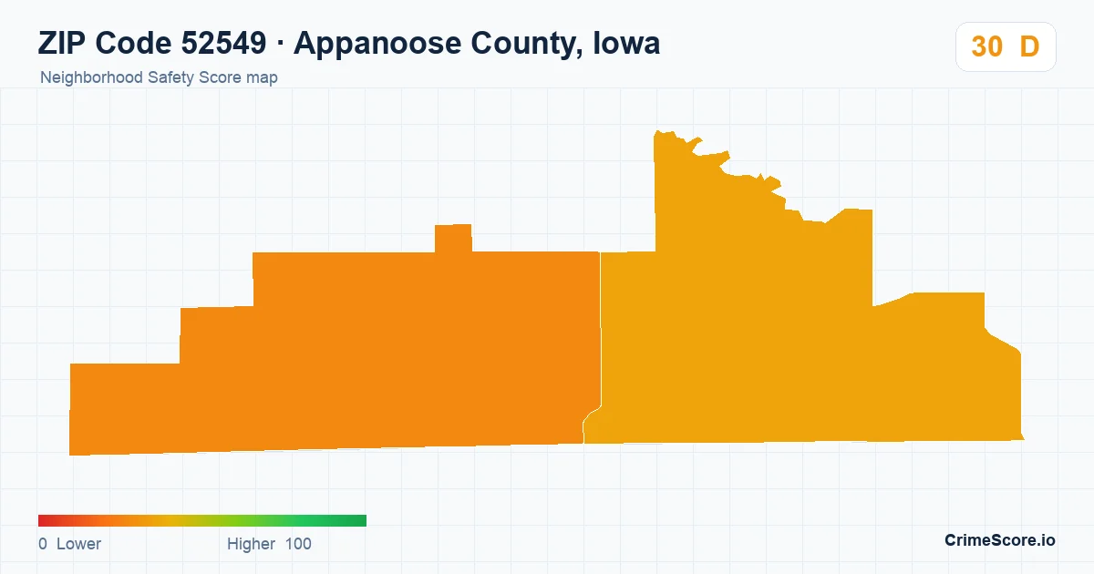 ZIP Code 52549 in Appanoose County, Iowa neighborhood Safety Score map
