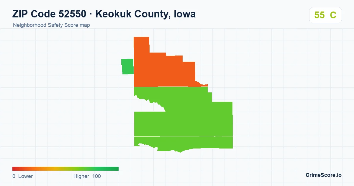 ZIP Code 52550 in Keokuk County, Iowa neighborhood Safety Score map