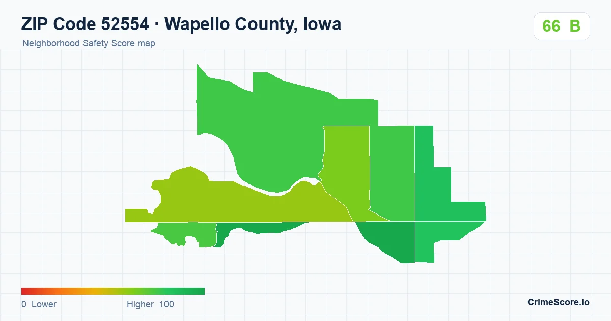 ZIP Code 52554 in Wapello County, Iowa neighborhood Safety Score map