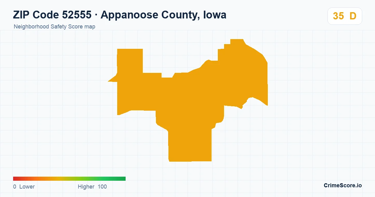 ZIP Code 52555 in Appanoose County, Iowa neighborhood Safety Score map