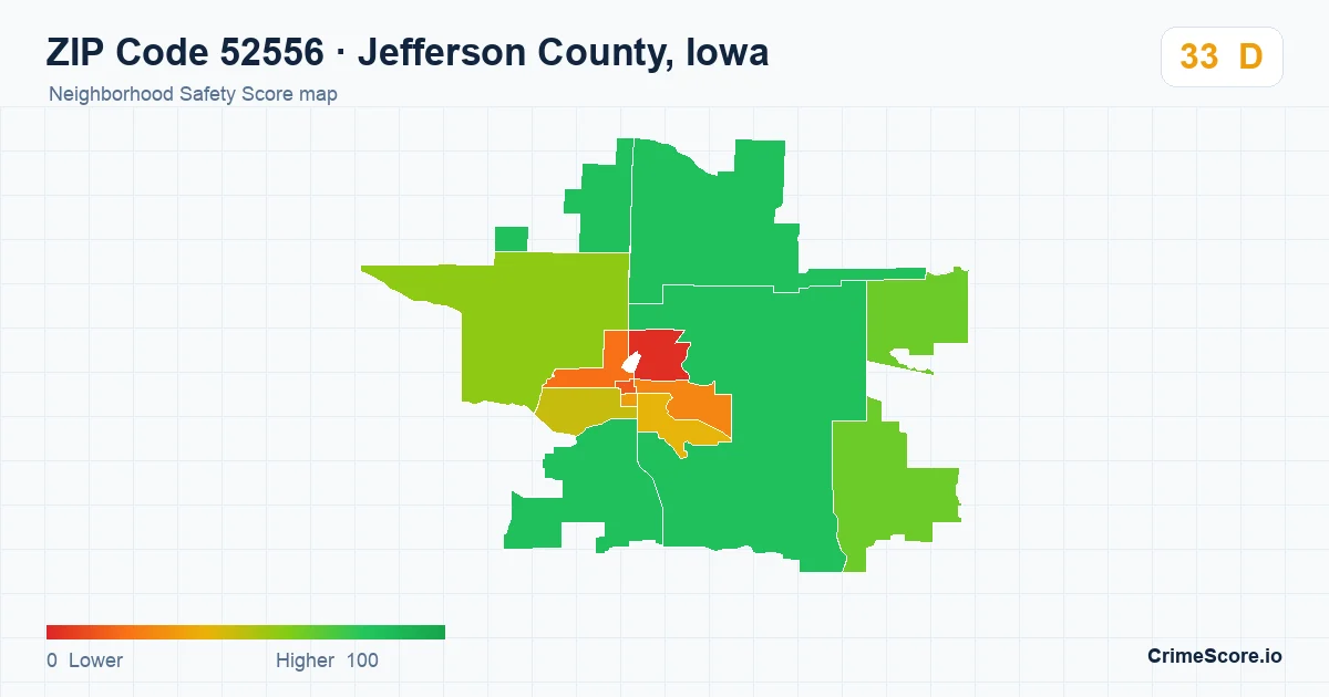 ZIP Code 52556 in Jefferson County, Iowa neighborhood Safety Score map