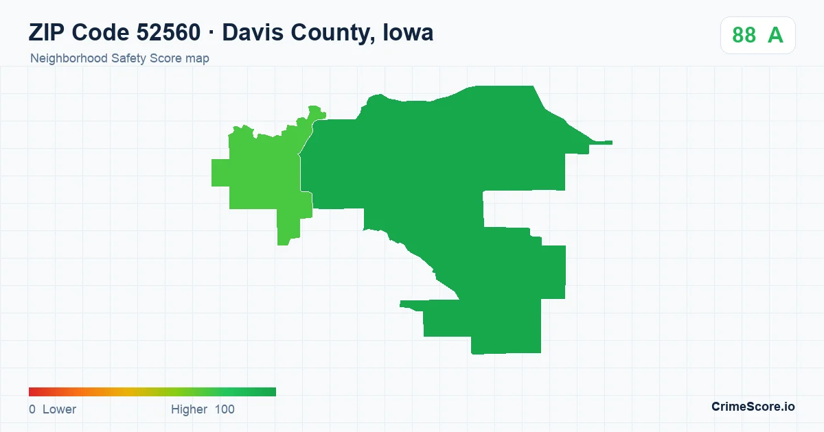 ZIP Code 52560 in Davis County, Iowa neighborhood Safety Score map
