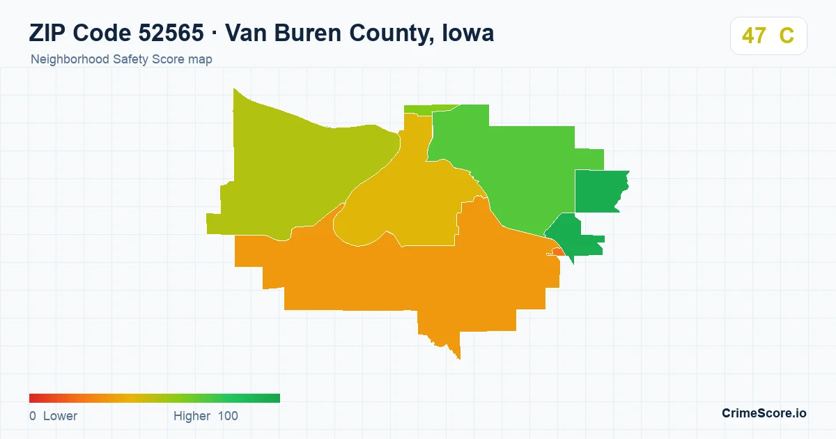 ZIP Code 52565 in Van Buren County, Iowa neighborhood Safety Score map
