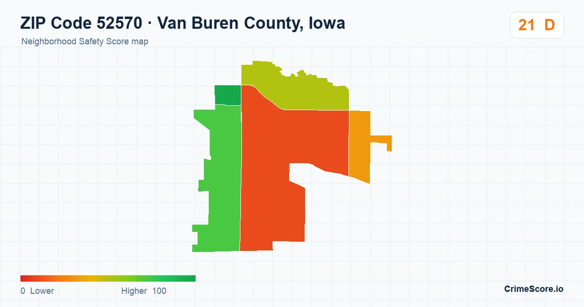 ZIP Code 52570 in Van Buren County, Iowa neighborhood Safety Score map