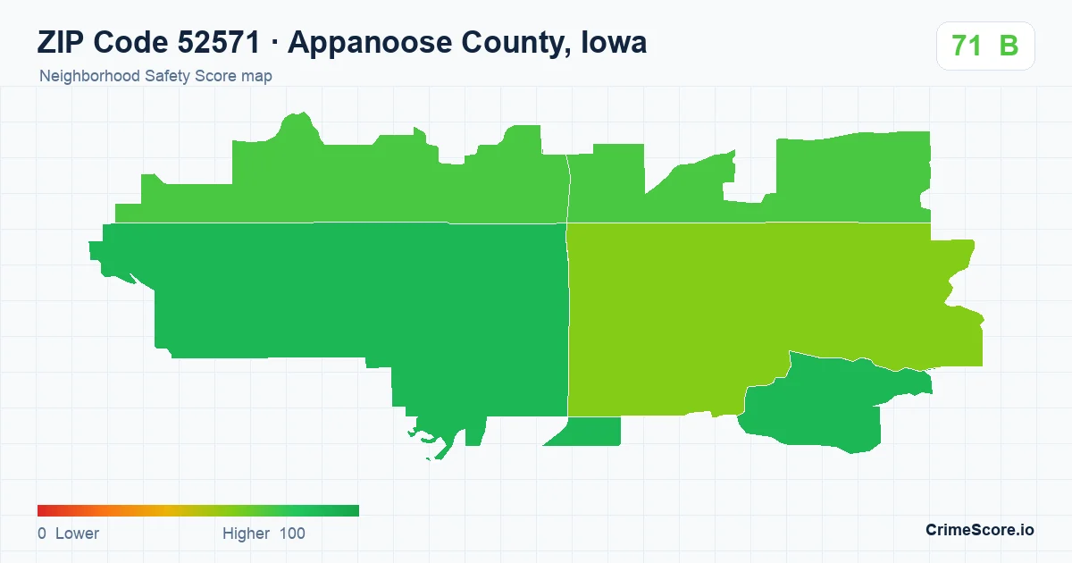 ZIP Code 52571 in Appanoose County, Iowa neighborhood Safety Score map