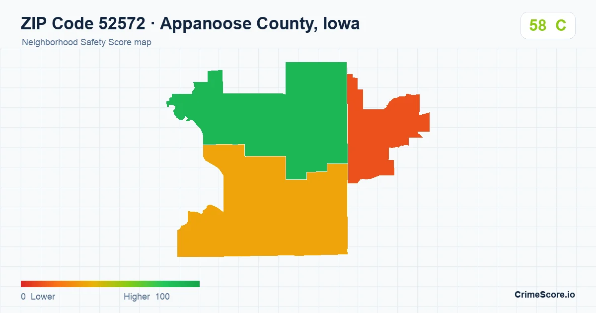 ZIP Code 52572 in Appanoose County, Iowa neighborhood Safety Score map