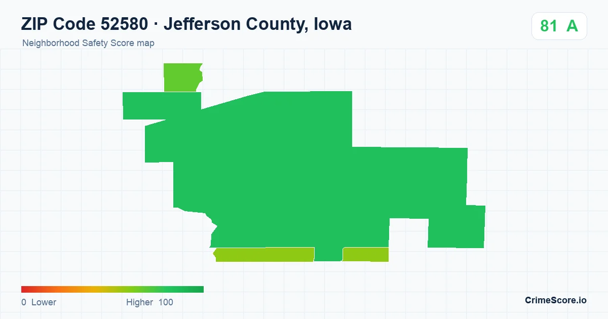 ZIP Code 52580 in Jefferson County, Iowa neighborhood Safety Score map
