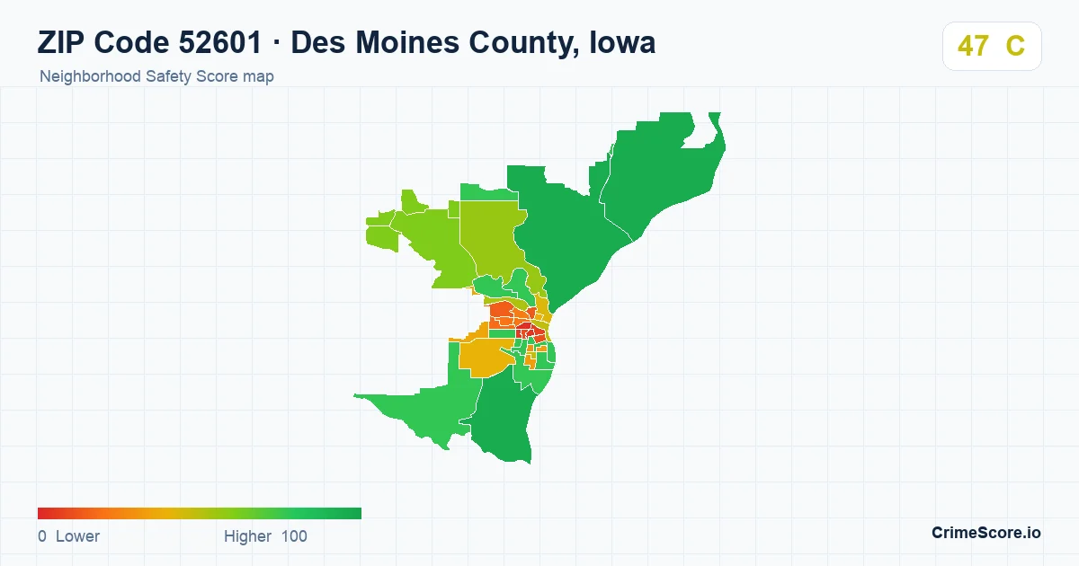 ZIP Code 52601 in Des Moines County, Iowa neighborhood Safety Score map
