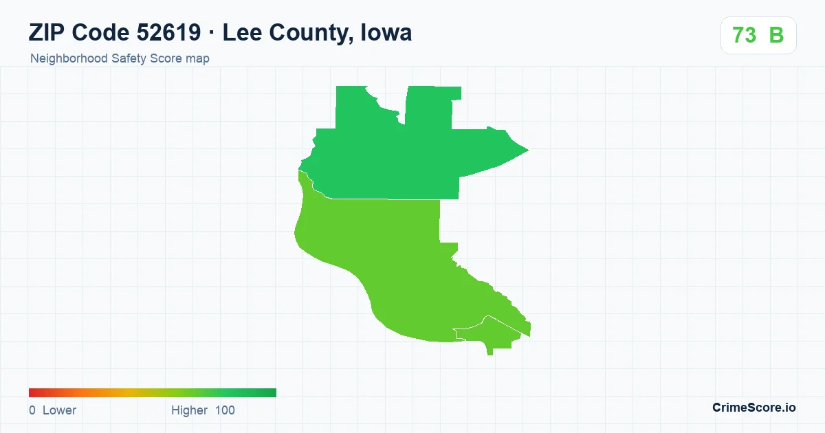 ZIP Code 52619 in Lee County, Iowa neighborhood Safety Score map