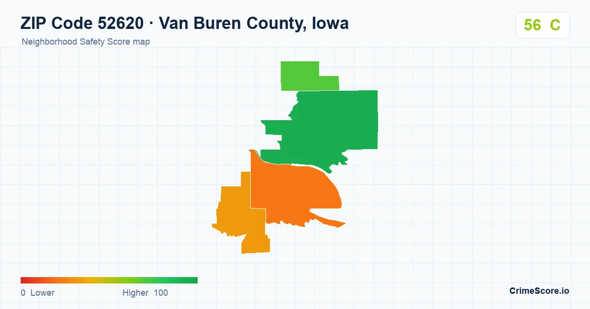 ZIP Code 52620 in Van Buren County, Iowa neighborhood Safety Score map