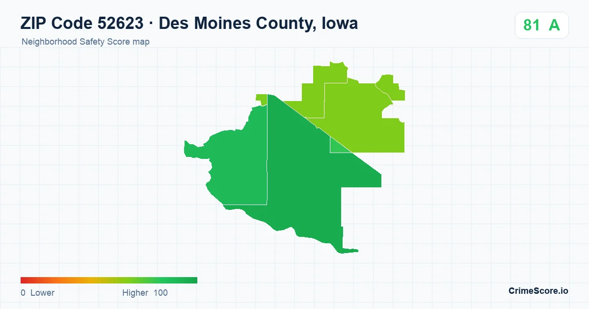 ZIP Code 52623 in Des Moines County, Iowa neighborhood Safety Score map