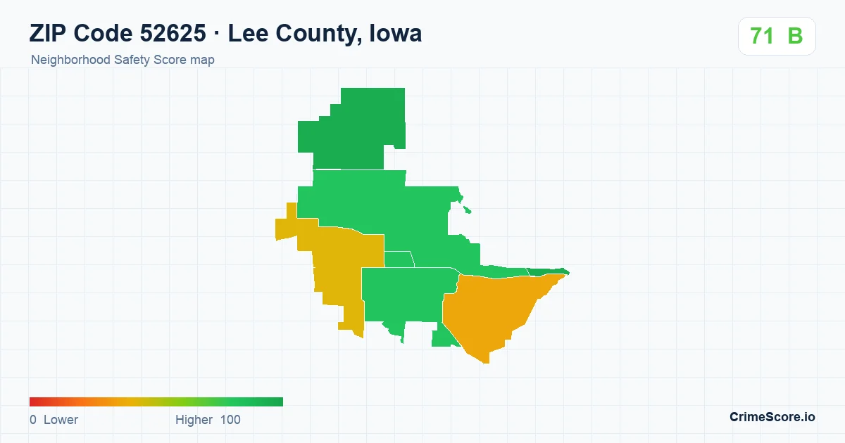 ZIP Code 52625 in Lee County, Iowa neighborhood Safety Score map