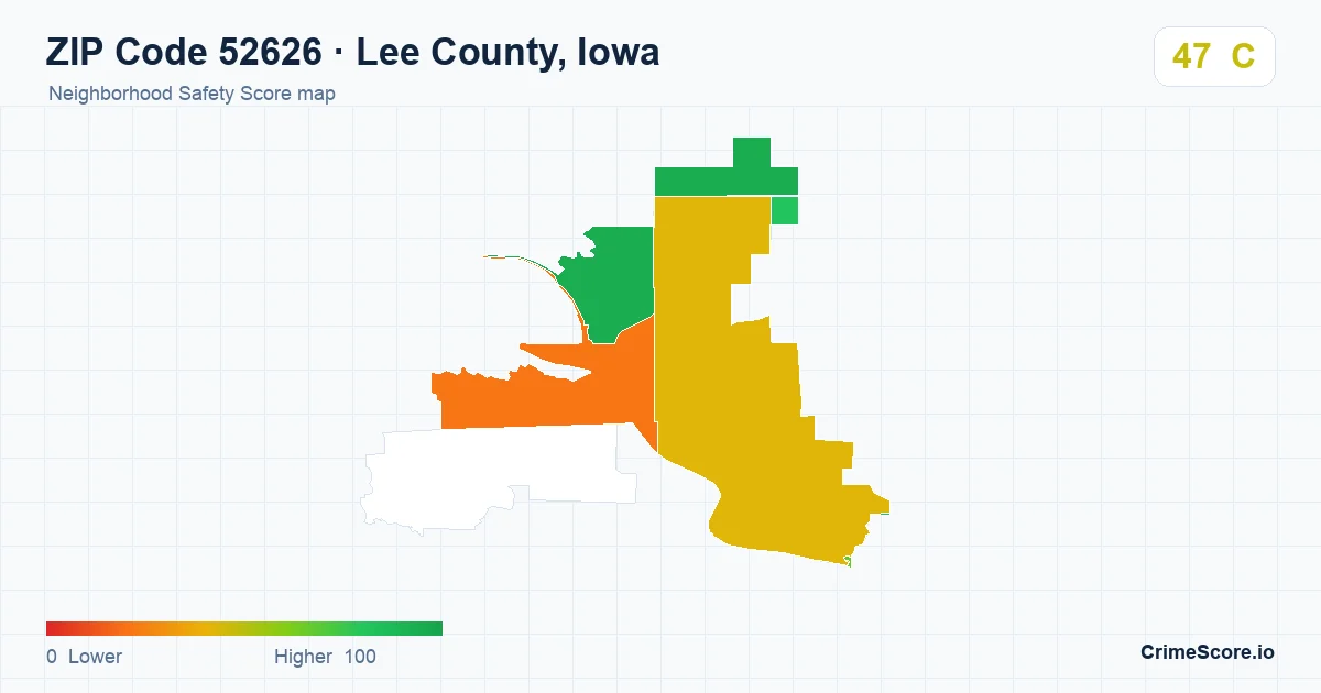 ZIP Code 52626 in Lee County, Iowa neighborhood Safety Score map