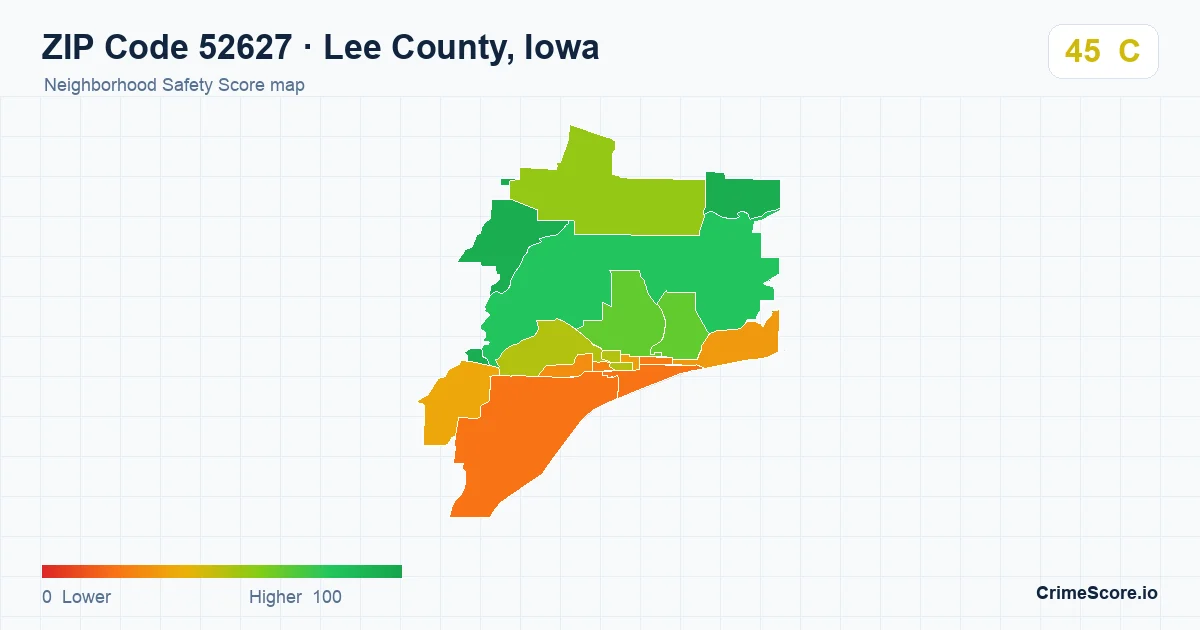 ZIP Code 52627 in Lee County, Iowa neighborhood Safety Score map