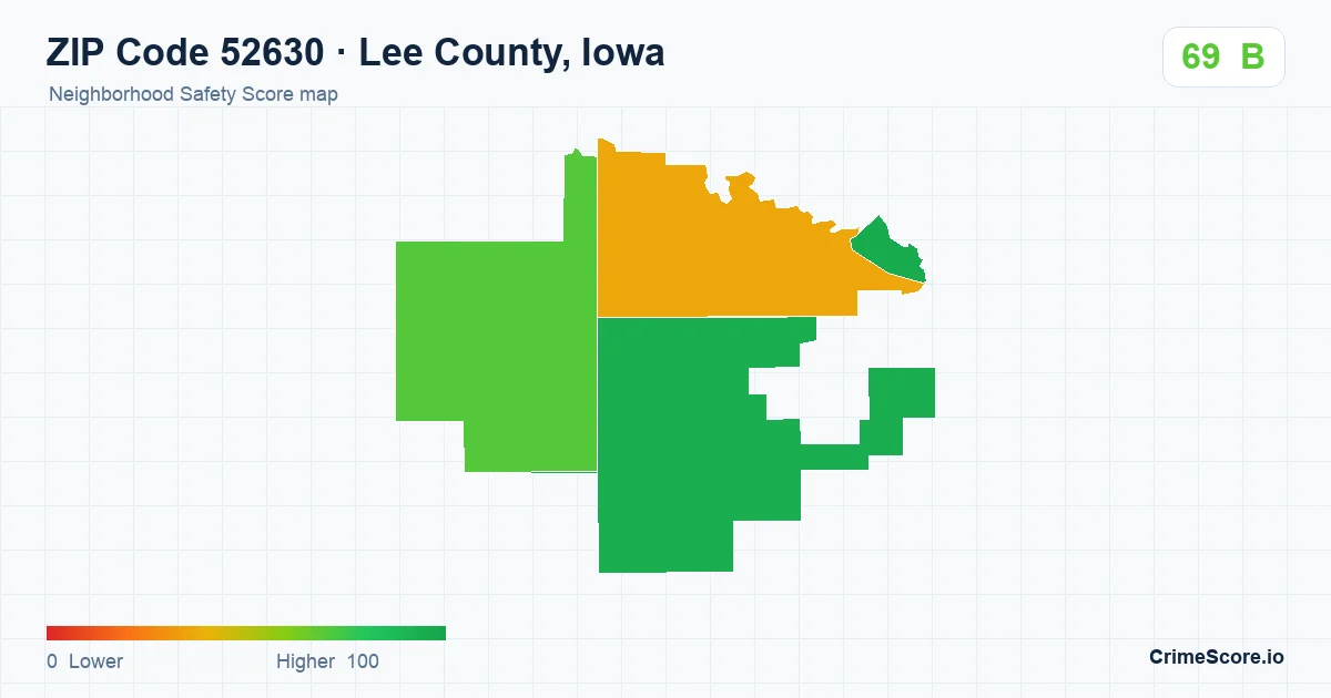 ZIP Code 52630 in Lee County, Iowa neighborhood Safety Score map