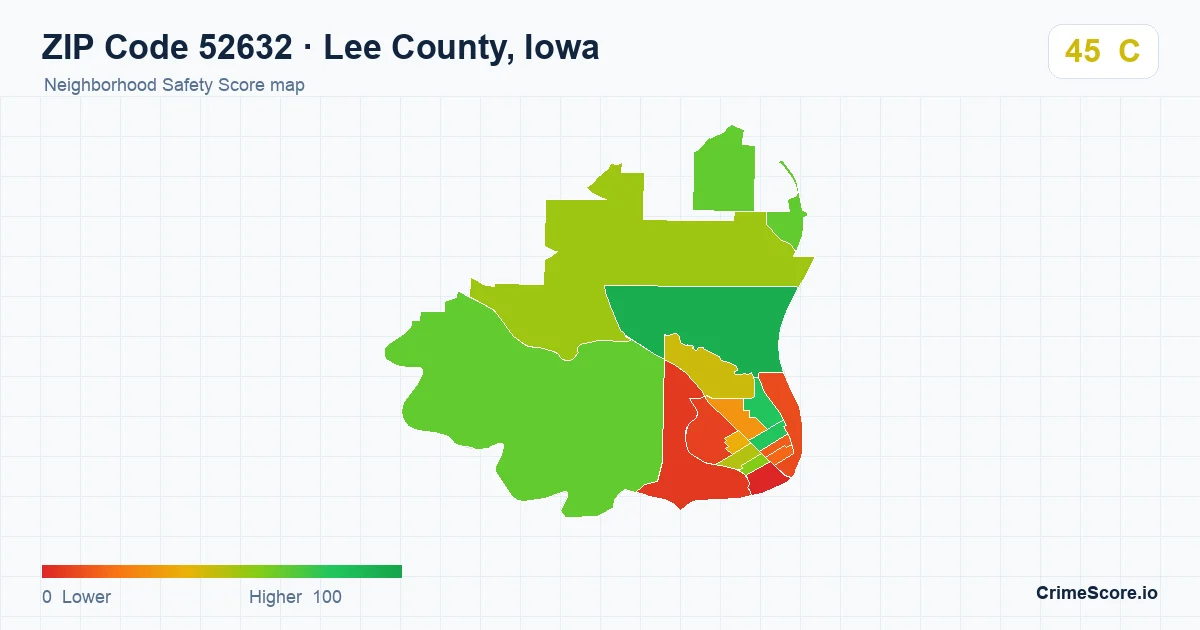 ZIP Code 52632 in Lee County, Iowa neighborhood Safety Score map