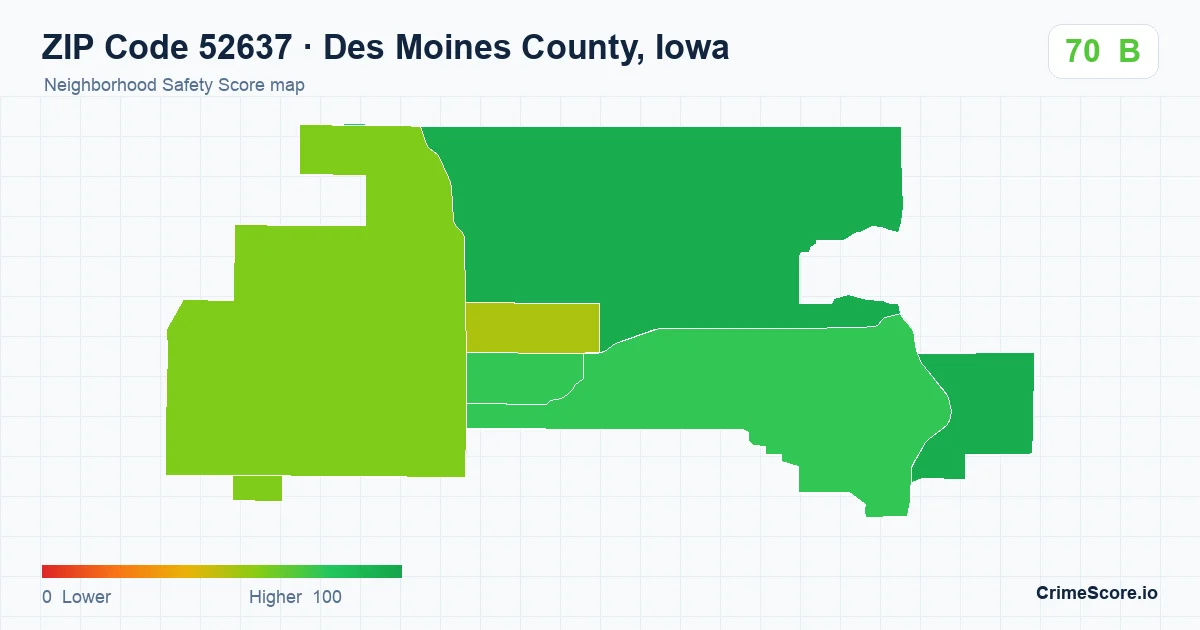 ZIP Code 52637 in Des Moines County, Iowa neighborhood Safety Score map