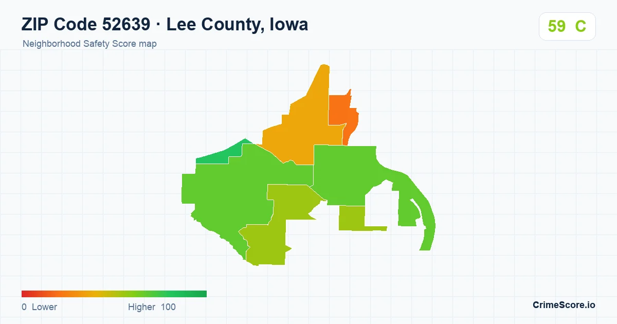 ZIP Code 52639 in Lee County, Iowa neighborhood Safety Score map