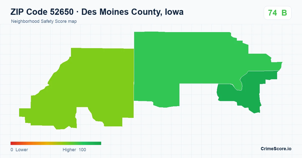 ZIP Code 52650 in Des Moines County, Iowa neighborhood Safety Score map