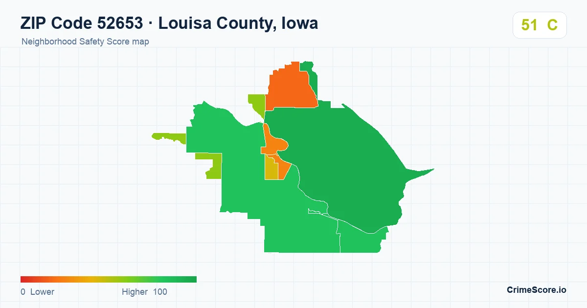 ZIP Code 52653 in Louisa County, Iowa neighborhood Safety Score map