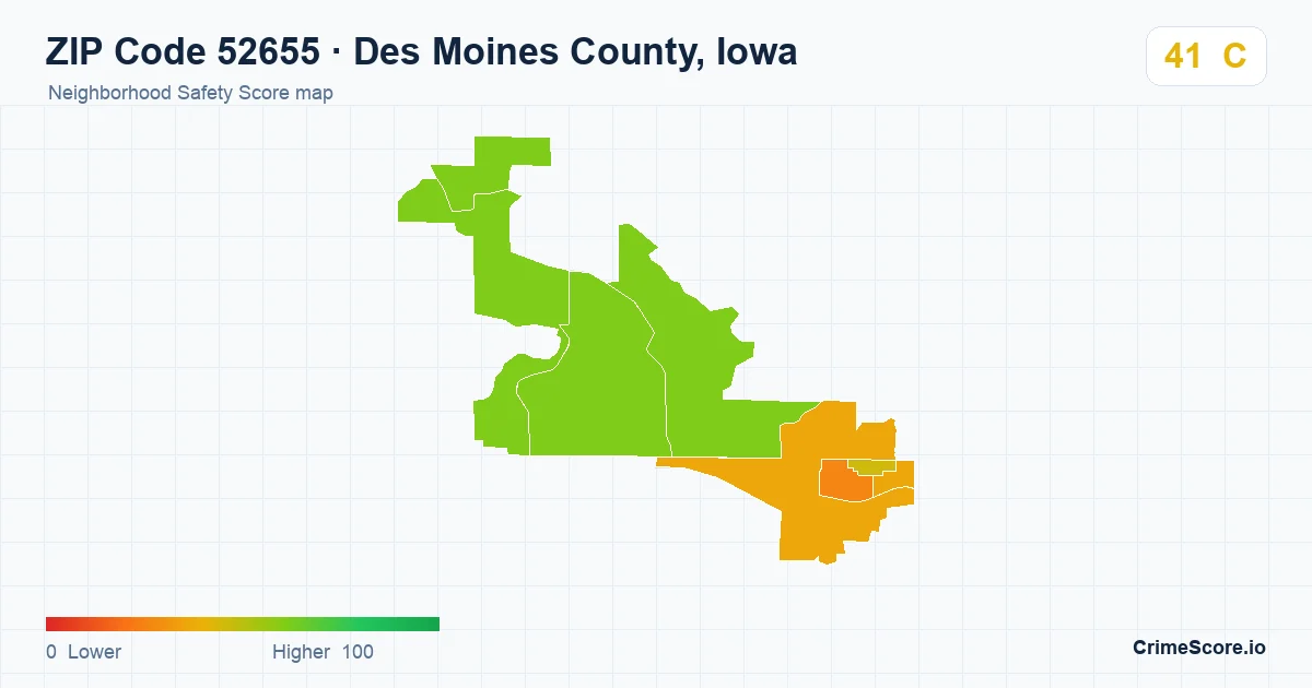 ZIP Code 52655 in Des Moines County, Iowa neighborhood Safety Score map