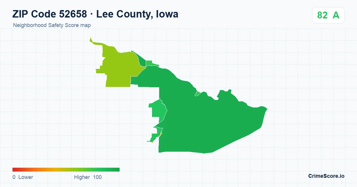 ZIP Code 52658 in Lee County, Iowa neighborhood Safety Score map