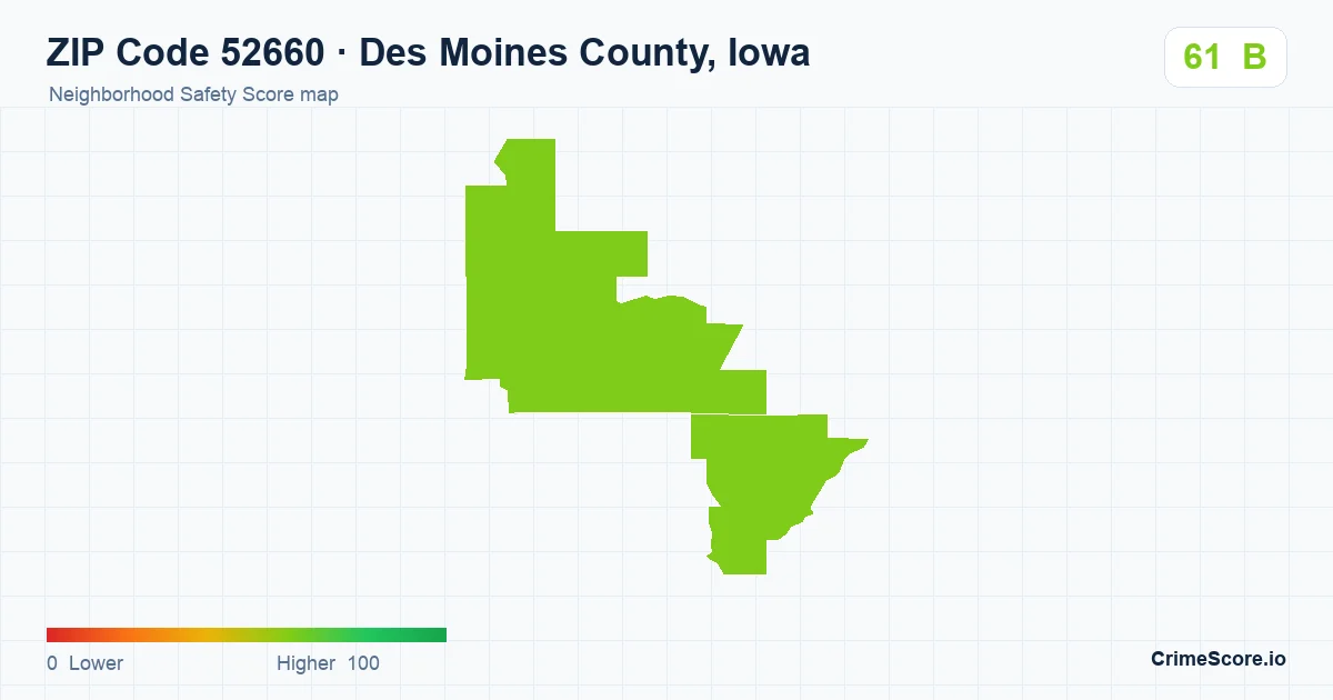 ZIP Code 52660 in Des Moines County, Iowa neighborhood Safety Score map