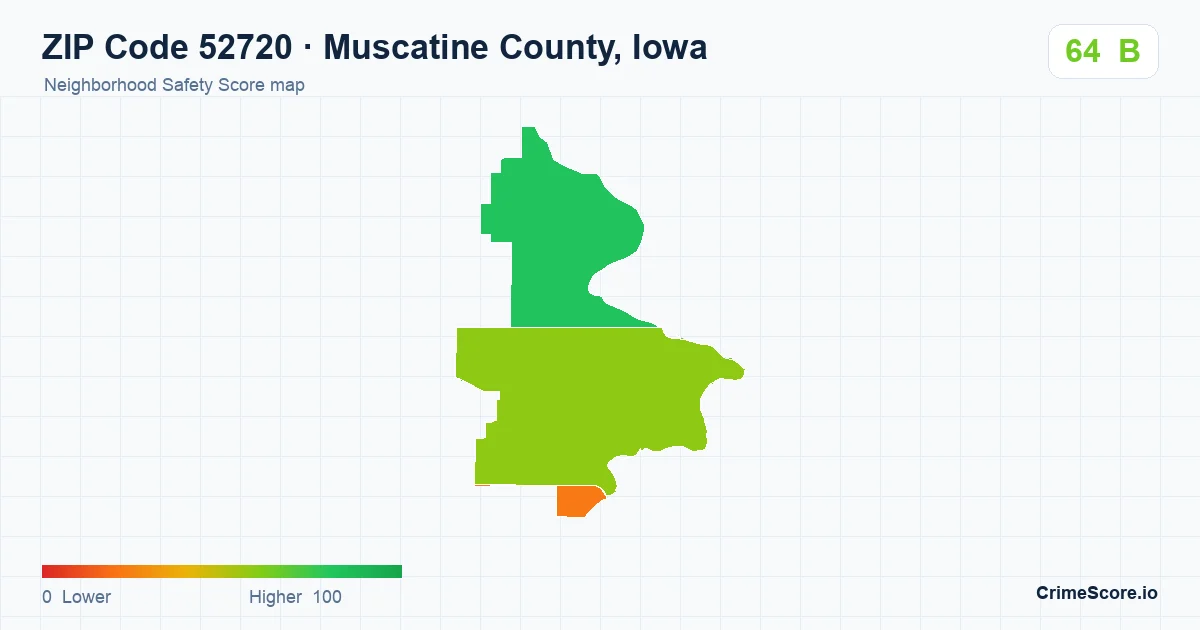 ZIP Code 52720 in Muscatine County, Iowa neighborhood Safety Score map